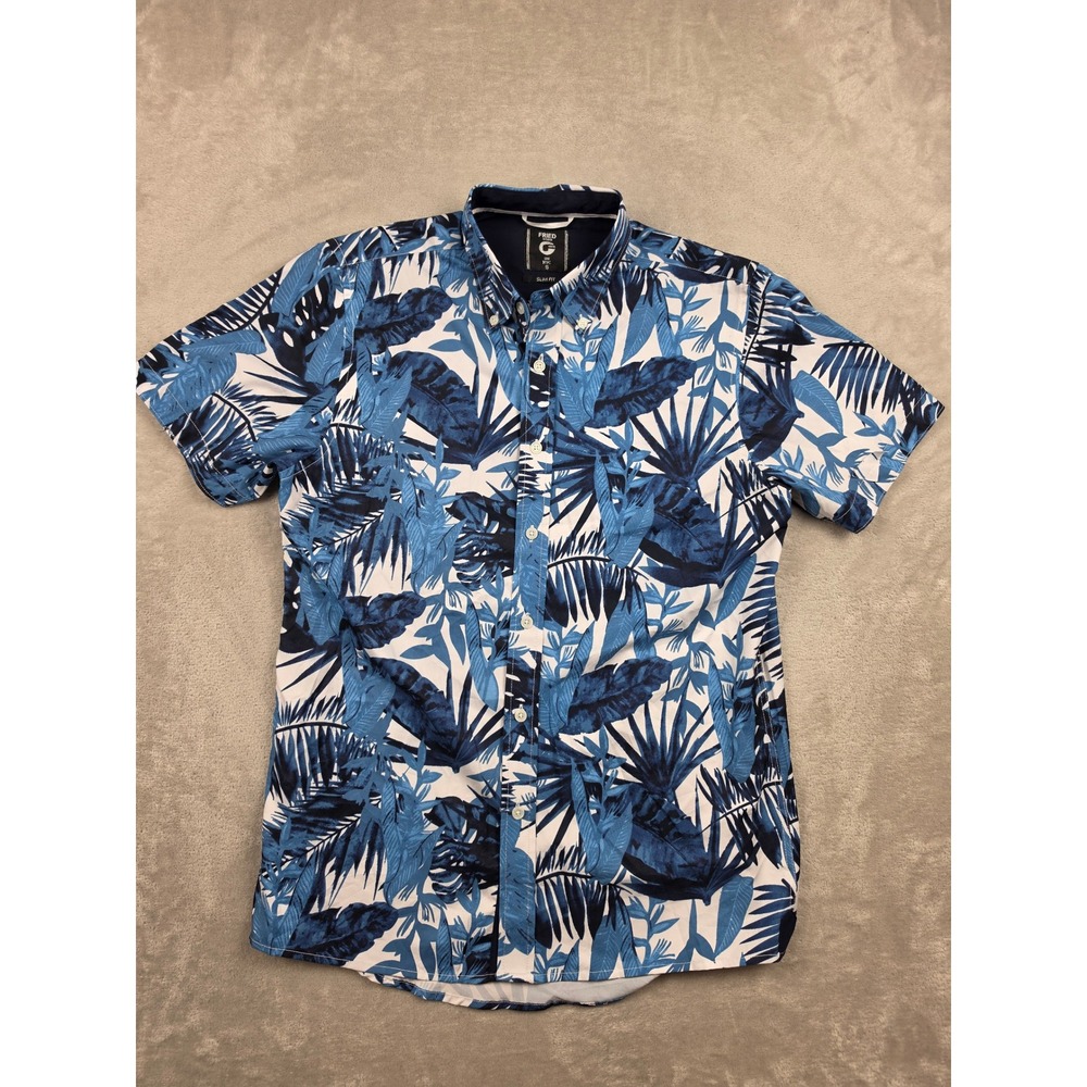 Fried Denim Button Up Shirt Men Small Blue Tropical Floral Slim Fit Short Sleeve